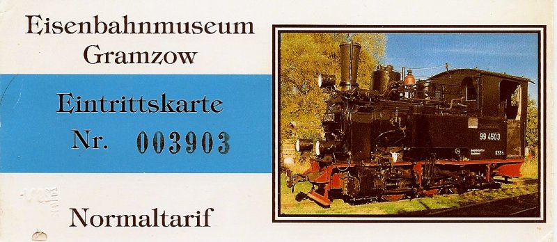 Eintrittskarte fr das Eisenbahnmuseum Gramzow( in der Nhe von Angermnde).