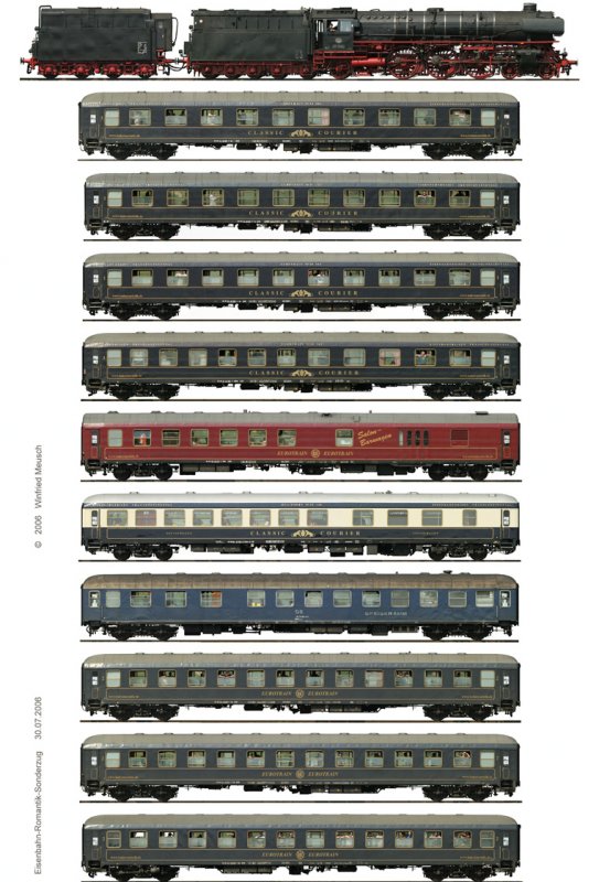 Eisenbahn-Romantik-Sonderzug auf der Fahrt von Worms nach Mainz am 30.07.2006. Waggonweise aufgenommen und freigestellt. Auf diesem Poster verkleinert dargestellt - in Originalgre passend zu Spur1, 9400 x 15500 Pixel. Aufgenommen in animierbarer Seitenansicht.
