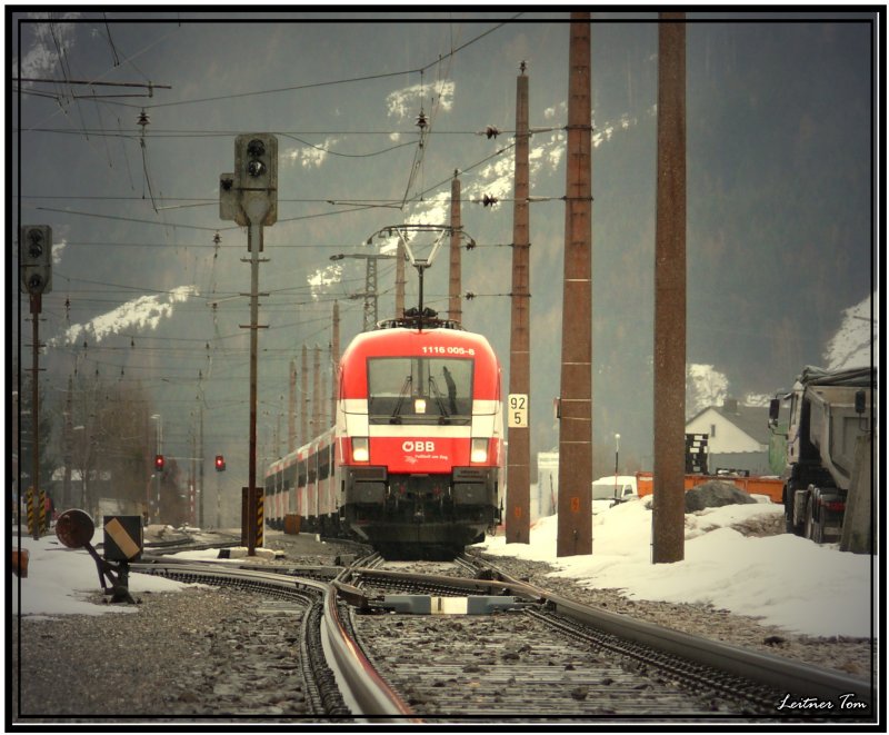 EM Lok 1116 005 sterreich fhrt mit einem Sonderzug zum Nachtslalom nach Schladming
Liezen 22.1.2008