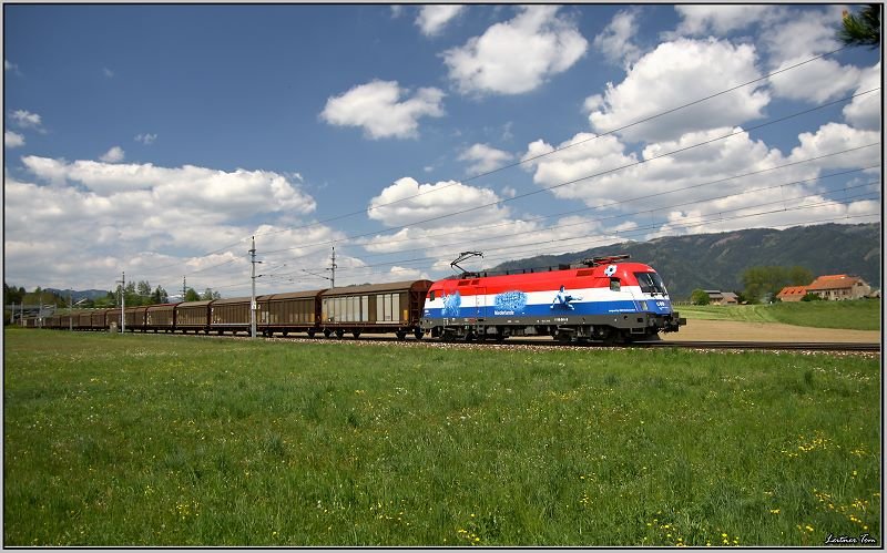 EM-Taurus 1116 041 Niederlande fhrt mit Gterzug 46778 von Villach nach Breclav.
Zeltweg 13.05.2008