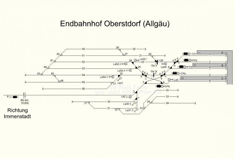 Endbahnhof Oberstdorf (Allgu) vor dem Stiellegen der Gleise 55 und 56 so wie das entfernen des Lichtsperrsignals Ls 21 und den weichen 22 und 65