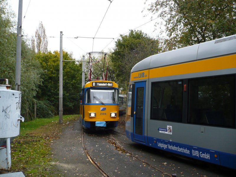 Eng ging es zu in der Schleife Plautstrae: Da die NGT12 berlnge hat, kann T4D nicht auf das zweite Gleis ausweichen, so dass wiederum der nchste Wagenzug auf der Strae am Beginn der Schleife warten muss (siehe nchstes Bild).
(Baumanahme  Schnauer Ring )
12.10.2009