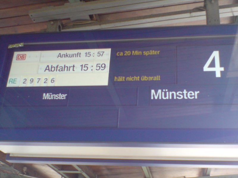 Ergnzung zu Bild-ID 198714. Hamm(Westf) - 02.06.2008 - Der Rhein-Mnsterland-Express fuhr wegen der Versptung von ca. 30Min.+ nur bis Mnster(Westf) Hbf.