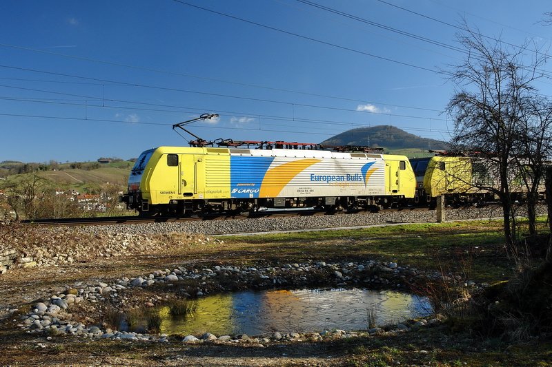 ES 64 F4-091. Herrlich leuchtet die gelbe Siemens-Lok im Sonnenlicht. Aber die beiden Loks haben mich vllig berrascht, denn ich wartete auf die S1 nach Basel. Ich htte gern beide Loks zusammen auf einem Bild gehabt, aber ich habe nicht mit den beiden, hier seltenen Loks, gerechnet. 4.2.2007 im schweizerischen Fricktal (Kanton Aargau).