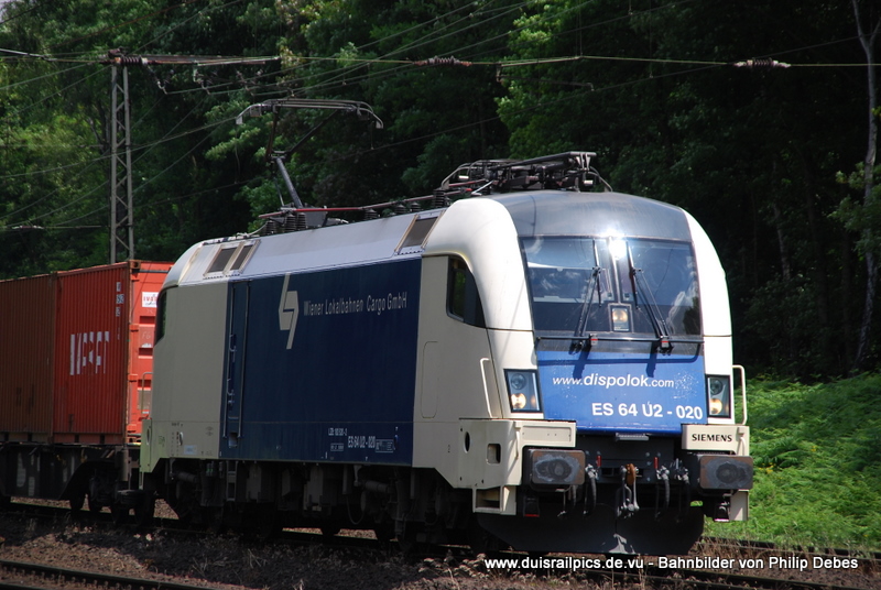 ES 64 U2 - 020 (Wiener Lokalbahnen Cargo GmbH) fhrt am 19. Juni 2009 um 13:13 Uhr mit einem GZ durch Duisburg Neudorf