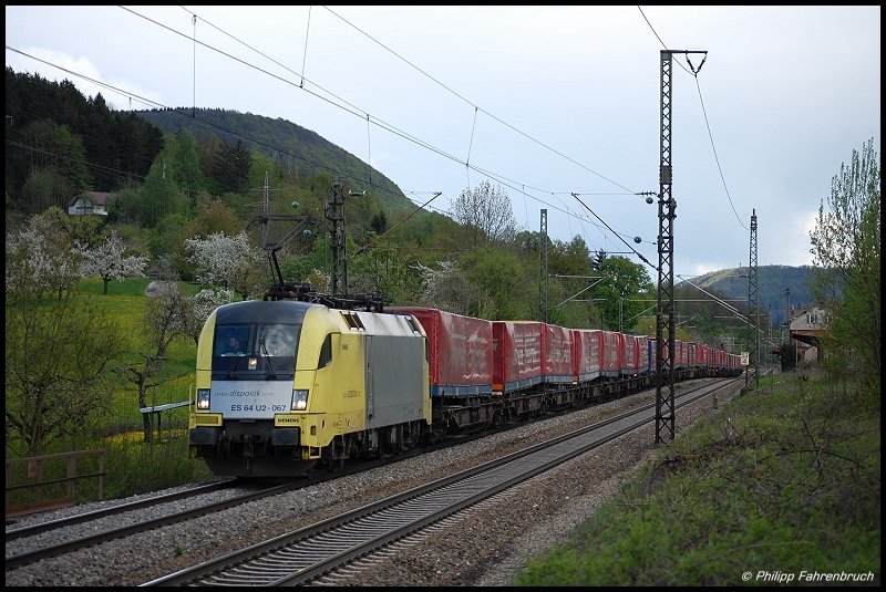 ES 64 U2 - 067 (182 567) befrdert am 01.05.08 einen KLV-Zug mit Winner-Aufliegern ber die Filsbahn (KBS 750) in Richtung Stuttgart, aufgenommen bei der Durchfahrt von Gingen(Fils).