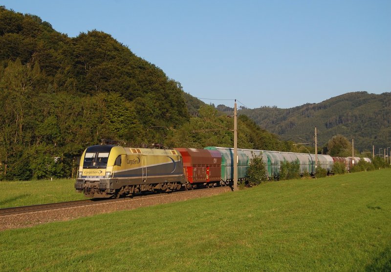 ES 64 U2-080 ist am 21.07.2009 am Abend mit
dem Kalkzug 61036 in Micheldorf unterwegs gewesen.