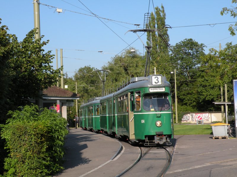 Es ist bereits sehr selten, dass ein Dwag Tramzug auf einer Linie im Einsatz ist. Diese Aufnahme entstand am 8. September 2009 an der Haltestelle Birsfelden Hard.