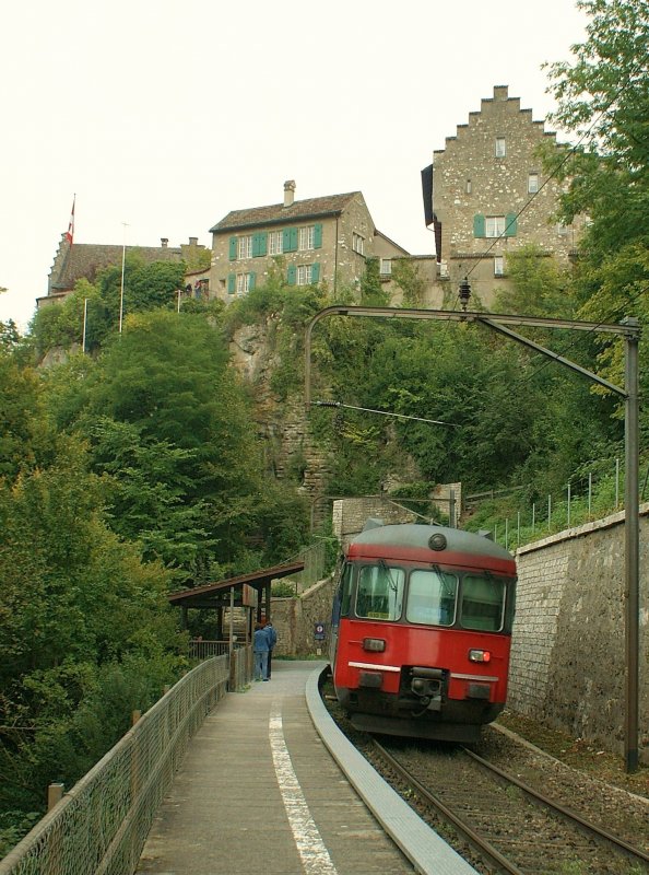 Es muss nicht immer das Chteau de Chillon sein: Schloss Laufen am Rheinfall bietet eine schne Kulisse fr den nach Thayngen fahrenden RABDe 12/12. 
18. September 2008
