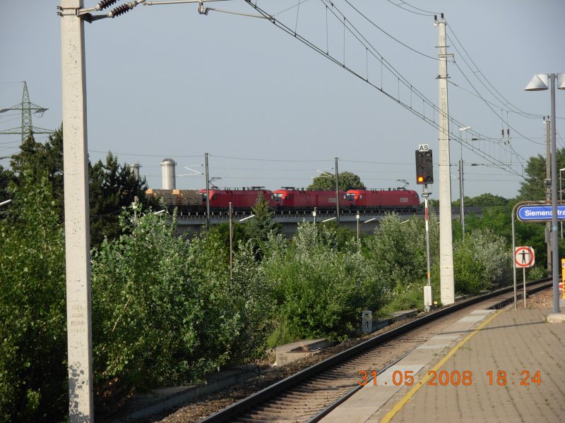 Es passiert sicherlich nicht allzu oft, da ein Gterzug in Dreifachtraktion (noch dazu vom Taurus) gefhrt wird, so wie hier am 31.5.2008 bei der Station Siemensstrae im 21. Wiener Gemeindebezirk.