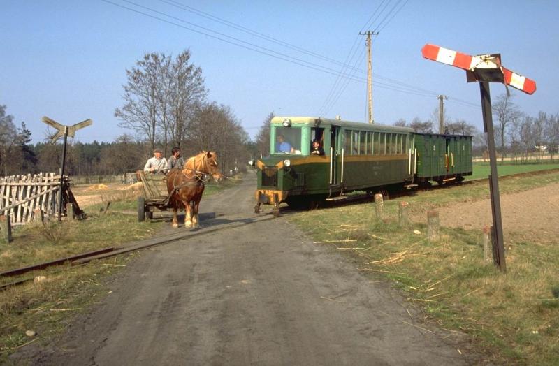  Es war einmal  Fahrt mit Oldtimer VT von 1934,auf der Jarociner Kreisbahn 1991.Im gleichen Jahr wurde die 600 mm Strecke stillgelegt.Mrz 1991 (Archiv P.Walter)