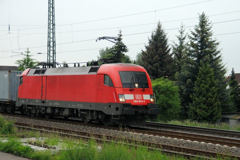 Es wurde wieder dunkel am spten Vormittag des 14.05.09, aber der Regen sollte sie verschonen. 182 014-1 vor einem KLV-Zug kurz vor Zwingenberg Bhf. Die Seitenwnde wirkten relativ leer ohne das  berhmte  DB-Logo.