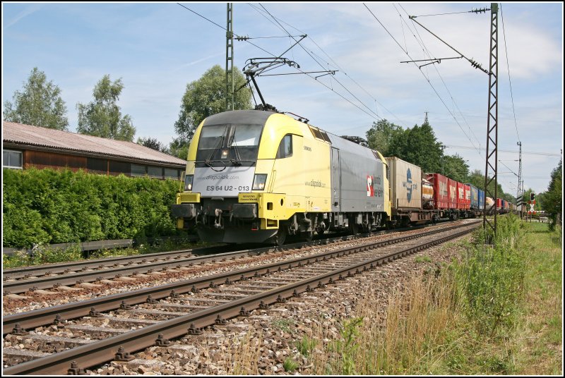 ES64U2-013  TO YOUR ADVANTAGE  kombiverkehr bringt am 29.06.07 einen KLV-Zug beladen mit  Stammkunden  der KLV-Zge auf der Inntal/Brennerbahn von Mnchen zum Brenner. Dort wird die RTC den Zug weiter nach Verona fahren.