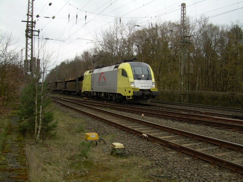 ES64U2-097 am 21.3.2007 mit leeren Autotransportern (BMW Zug) in Eystrup Richtung Hannover