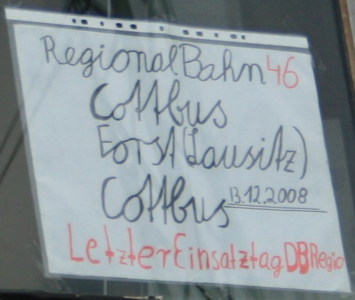 Fahrgastinformation am 13.12.2008 zum letzten Betriebstag von DB Regio Nordost an einem Triebwagen der BR 628