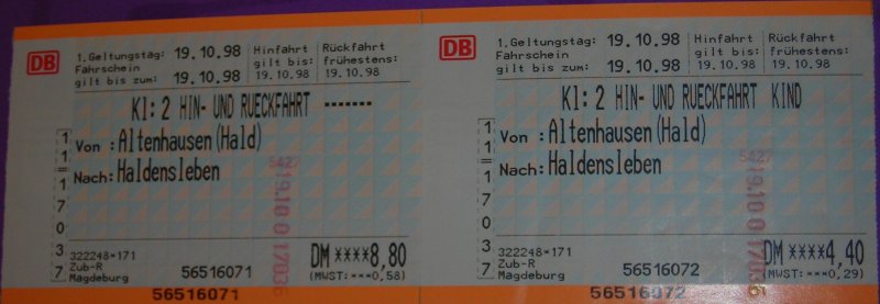 Fahrkarte von Altenhausen nach Haldensleben von 1998