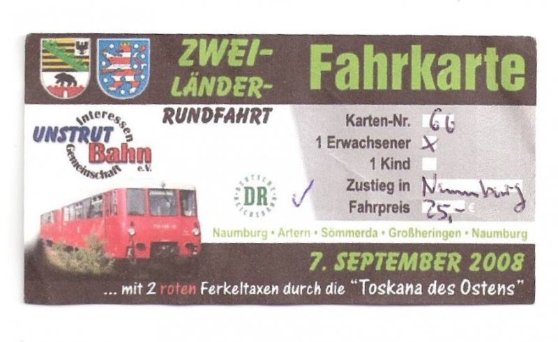 Fahrkarte fr die Zwei-Lnder-Rundfahrt der IG Unstrutbahn e.V. von Naumburg (Saale) Hbf ber Artern, Smmerda und Groheringen zurck nach Naumburg, vom 07.09.2008