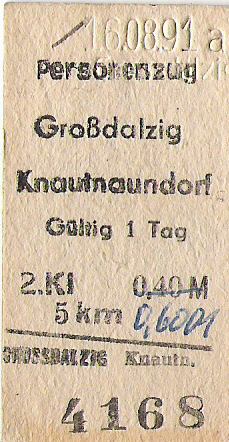 Fahrkarte Grodalzig - Knautnaundorf vom 16.08.1991