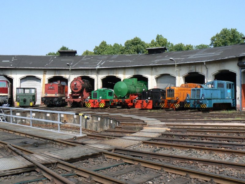 Fahrzeugparade am 31.05.2008 im Museums-Bw Nossen. ASF94, 110 101, WFL 52 8131-6, N4 (ex. Narva Brand-Erbisdorf), Dampfspeicherlok (ex. Papierfabrik Wei�enborn), 100 498, Kaluga-Diesel (ex. BHK Freiberg), V10