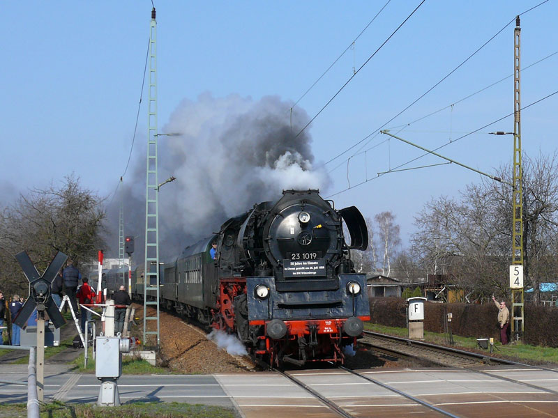 Fans mit und ohne Fotoausr�stung begr��ten die Cottbuser 35 1019 die als 23 1019 den LDC-Sonderzug zum Dampflokfest brachte; Dresden-Stetzsch, 21.03.2009
