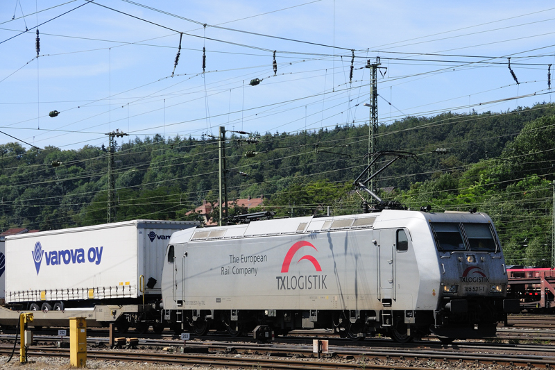 Fast alle Loks hielten  punkt  vor meinem Ansitzpunkt in Treuchtlingen, sofern die Strecke nicht frei war. 185 531-1 TX Logistik im Lokportrait. (29.07.09).