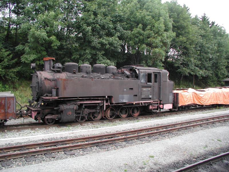 Fichtelbergbahn,Oberwiesental.Diese abgestellte Dampflok konnte ich in der Eile (Wir mussten zum Bus)nicht identifizieren. 12.08.04