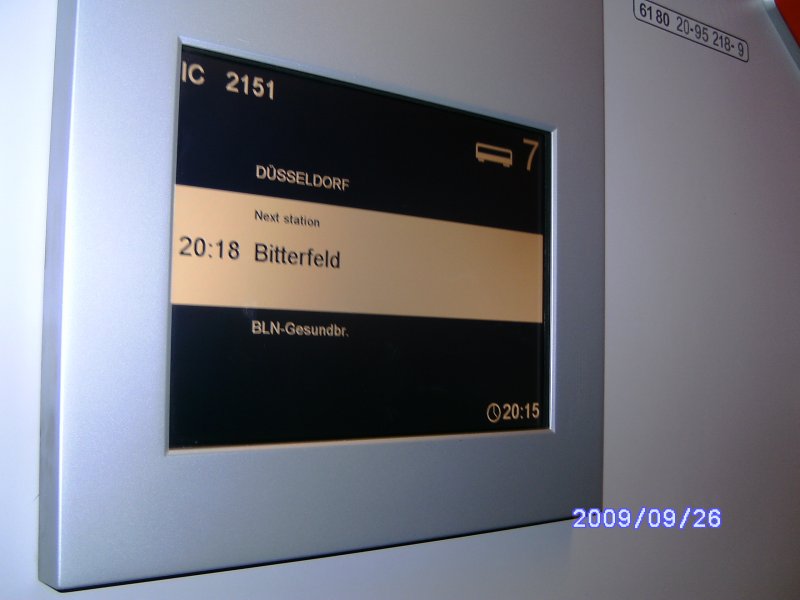 FIS-Display im D-DB 61 80 20-95 218-9.
IC 2151 Dsseldorf Hbf - Berlin Gesundbrunnen auf der Fahrt von Halle/Saale Hbf nach Bitterfeld.