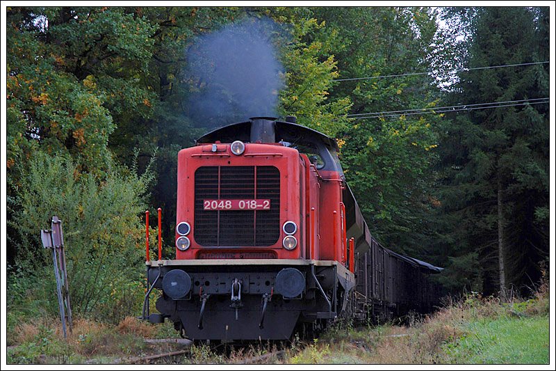 Fotozug mit 2048 018 der SLB auf der GEG Strecke zwischen Timelkam und Ampflwang am 4.10.2008, aufgenommen beim Bahnbergang bei einem Sgewerk, welches sich kurz nach Timelkam befindet.