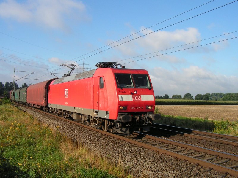 Frh Morgens fhrt 145 075-8 am 5.8.08 auf der KBS 380 Richtung Bremen.