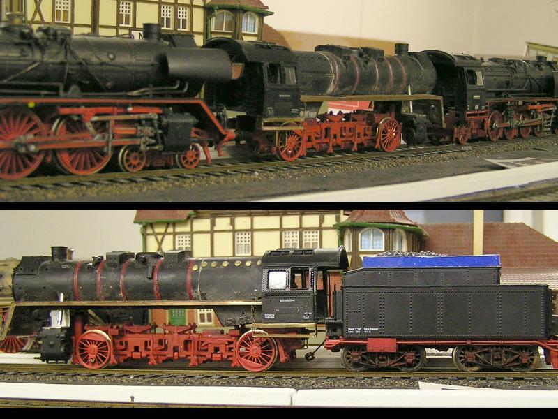 Frhes Stadium der 58.30. Noch sieht sie aus wie eine Heizlok. Zwischen die anderen Loks gestellt lassen sich die Hhen besser angleichen. Ob der Kessel waagerecht steht, lsst sich auch gut gemeinsam mit der Tenderlinie sehen....