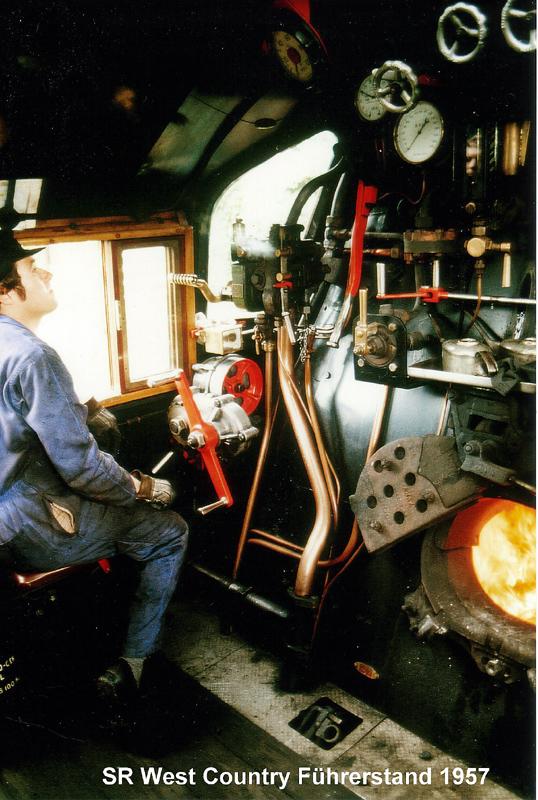 Fhrerstand der BR West Country Class 4-6-2 ex SR mit Frank dem Driver (in der Woche Bankkaufmann) bei der Mid-Hands Railway in Ropley.