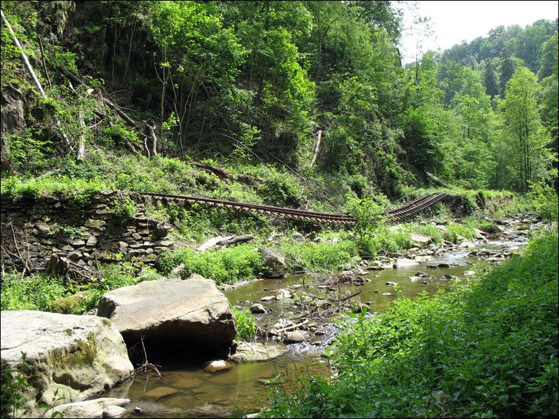 Fnf Jahre danach sieht die Strecke der Weieritztalbahn im Rabenauer Grund noch aus (vom Wildwuchs abgesehen) wie kurz nach der Flutkatastrophe (1) - August 2007
