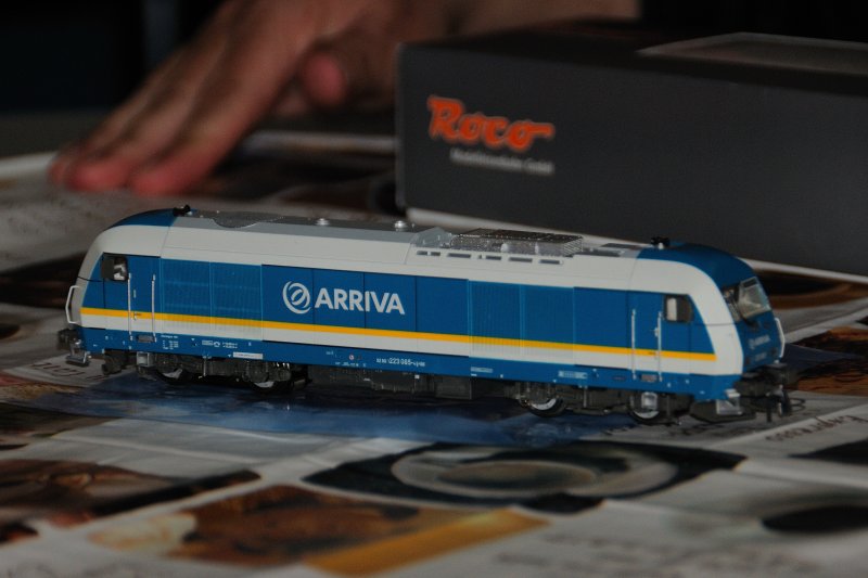 Fr eine besondere Tischdekoration sorgte Christian Maier mit seiner fr Regensburg typischen Lok beim Mittagessen: 223 065 ALEX von der Modelleisenbahn GmbH (vormals Roco) in 1:87 . (14.03.09).