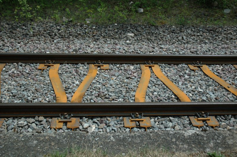 Fr mich neu sind diese Stahlschwellen, aufgenommen am 16.5.2007 beim (stillgelegten) Bahnhof Thiergarten im Donautal. Wie heissen diese Dinger und seit wann werden sie verwendet?