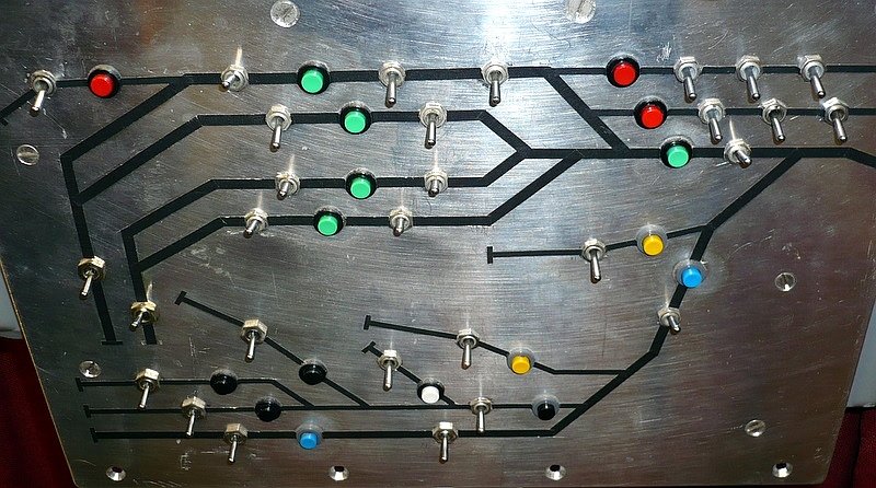 F�r Platte 5, Industriegebiet mit Bahnhof, war kein Platz mehr im Schaltpult, deswegen wurde sie an der Anlage angebracht. Gr�n sind Bahnhofsgleise und Zufahrt, rot rechts Abstellgleise f�r Loks (max. 6), rot links Anschlu�gleis eines Gittermasten-Lagers, schwarz Werksgleise der �lraffinerie, wei� Kohlenhandlung, gelb links S�gewerk und gelb rechts Farben AG. Blau ist die Einfahrt f�r G�terz�ge in's Industriegel�nde. Die Neubaustrecke m�ndet jetzt in das innere Gleis zum Bahnhof (Links mitte).