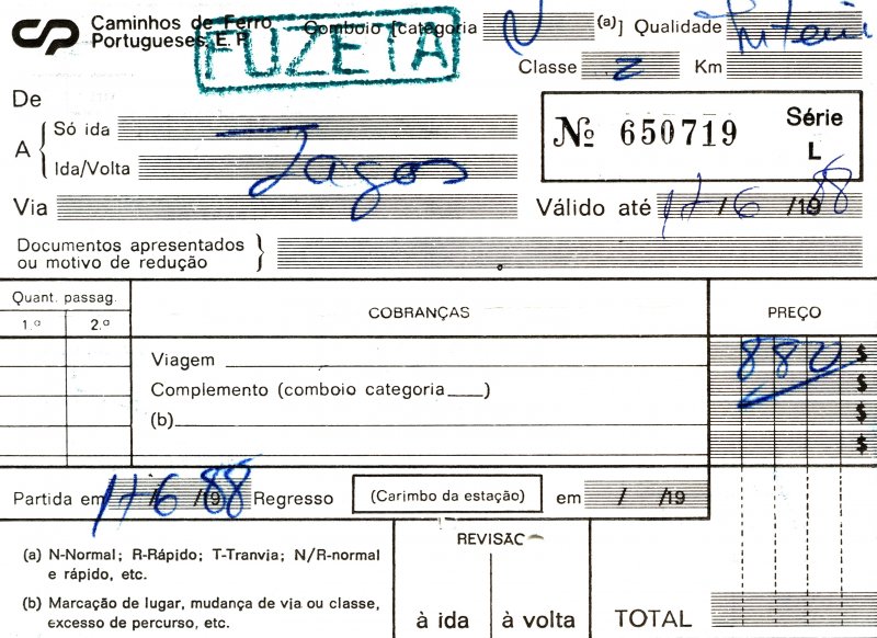 FUSETA (Distrikt Faro), 17.06.1988, ein 3-Personenfahrschein von Fuseta nach Lagos und zurück, gelöst am Bahnhof Fuseta (hier noch in alter Schreibweise mit  z ) -- Fahrkarte eingescannt