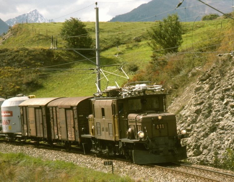Ge 6/6 411 mit einem Gterzug nach Scuol-Tarasp bei Ardez. 17.9.1983