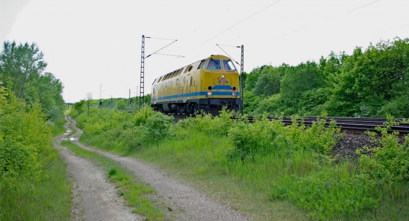 Gerade hatten wir uns an unserem Fotostandpunkt an der Northeimer Seenplatte eingerichtet, fuhr auch schon 229 181-3 der DB Netz Instandsetzung vorbei. 10.05.2009. Gru� an den Tf!