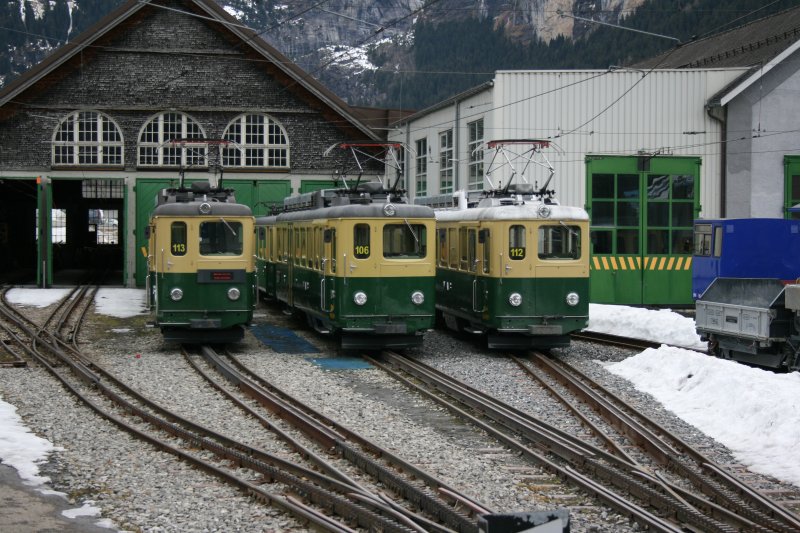 Gleich drei BDhe 2/4 der Wengernalpbahn (Nr 113, 106, 102) warteten am 1.3.2008 in Grindelwald Grund auf ihren Einsatz. 