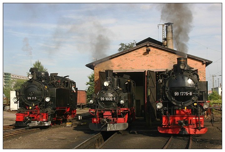 Gleich drei schsische Schmalspurdampflokomotiven prsentierten sich hier am 08.07.2007 dem Fotografen vor dem Lokschuppen in Radebeul Ost im schnsten Nachmittagslicht.