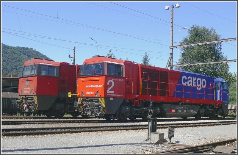 Gleiche Lok, zwei verschiedene Gesellschaften. Am 840 001-2 (G2000 05SR) von SBB Cargo und G2000-51DG (Del Fungo Giera) in Chiasso. (22.07.2008)