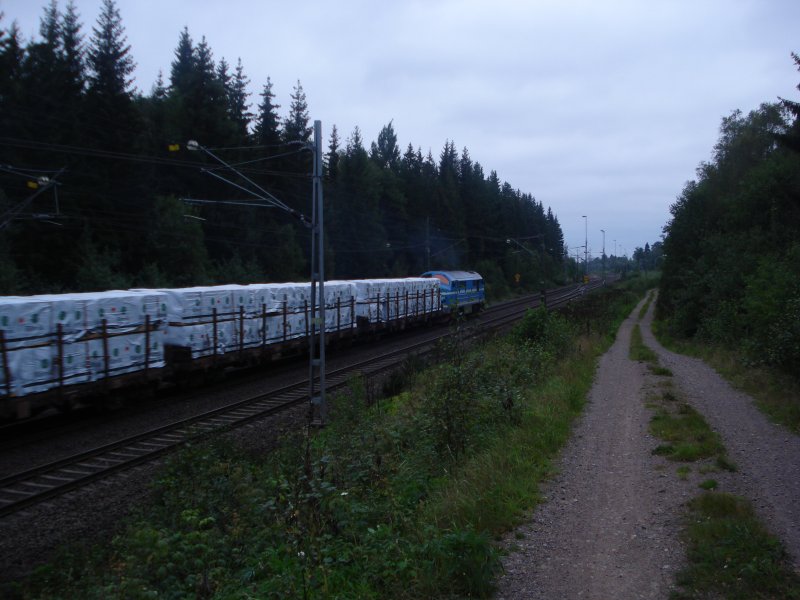 Gleicher Gterzug wie Bild 248199 am 21.08.2007: TMX 1042 auf der Sdra Stambanan. Auf den Waggons erkennt man die in Folie verpackte Ladung, wahrscheinlich Holz aus einem Sgewerk