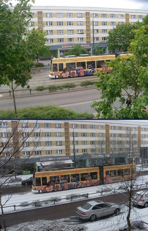 Gleicher Standort, gleiche Bahn - doch 5 Monate dazwischen. NGT 307 zwischen August-Bebel-Platz und Museum Nord.