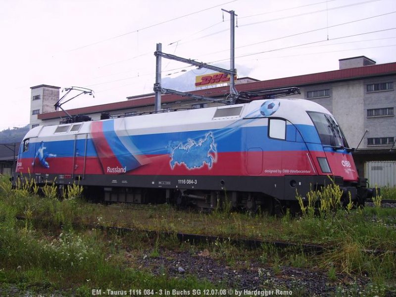 Glck fr den Russen 1116 084-3.. Er hat noch ein Gleis. Dem Gleis davor ging es im Rahmen der Umbauten an den Kragen..
Buchs SG 12.07.08