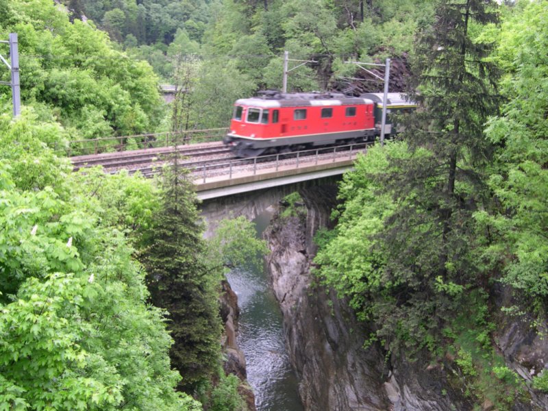 Gotthard 2008 - Auf unserer Wanderung von faiodo nach dazio Grande sind wir nun in der Monte Piottino Schlucht angekommen. Einen kurzen Blick in die Schlucht knnen die Fahrgste des IR 2182 Locarno-basel erhaschen, wenn sie denn schnell genug sind. Mindestens genauso schnell muss aber auch der Fotograf seinen Finger am Auslser haben. Bei Dazio Grande am 22.05.2008