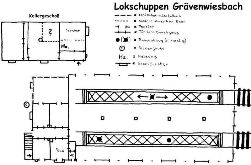 Grundri-Skizze des Lokschuppens Grvenwiesbach (Stand 1. Hlfte der 1980iger Jahre)