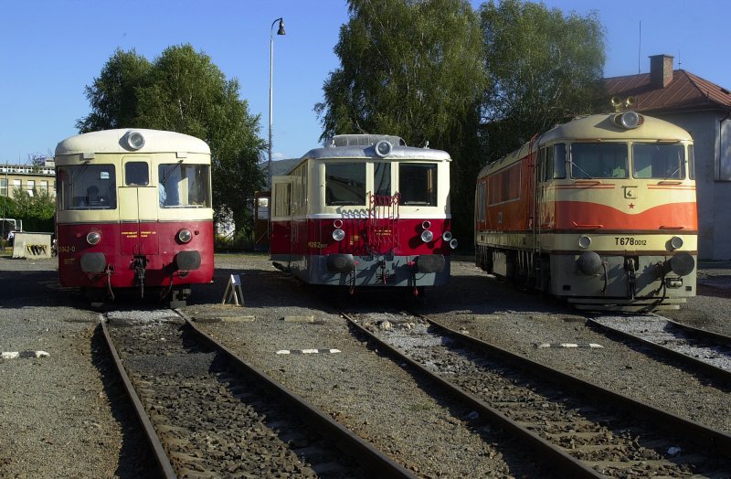 Gruppenbild mit den Betriebsnummern M262007, 820042-0 und T6780012
aufgenommen in Zvolen.