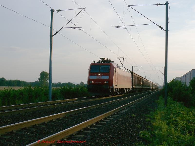 Gter gen Osten: Auch DB-Loks durchqueren die Vogesen mit Gterzgen. Hier ist die DB 185-038 mit einem Gterzug im Abendlicht auf dem Weg zum Rhein.

07.06.2007 Schwindratzheim
