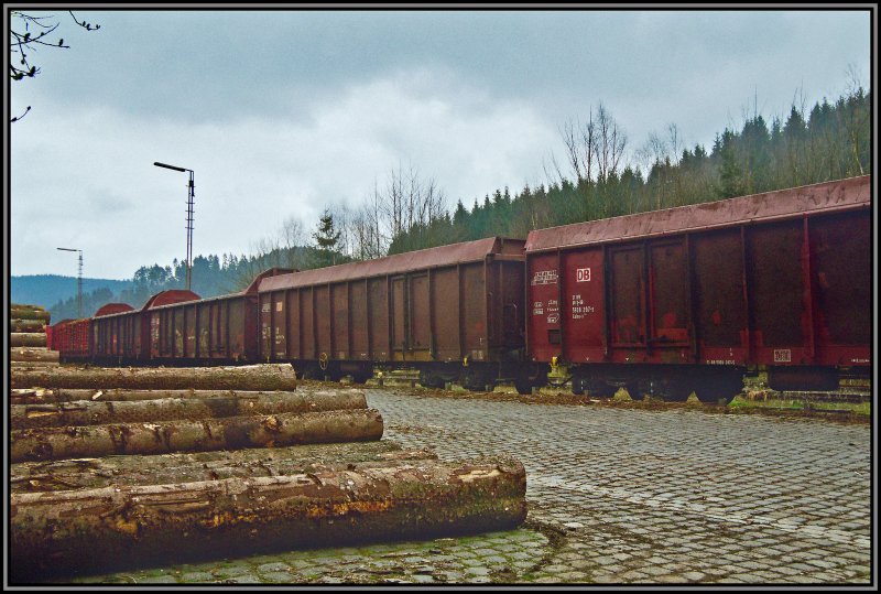 Gterwaggons stehen zur Beladung bereit. Nach dem Orkan Kyrill hat der Mrkische Kreis einen Holz-Umschlagplatz in Ldenscheid-Brgge eingerichtet.