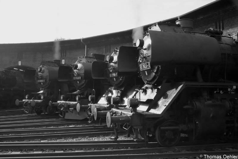 G�terzuglokparade im Bw Chemnitz-Hilbersdorf im Aug 2005 - v.l.n.r.:
52 8080, 52 8149, 50 3616 und 50 3648